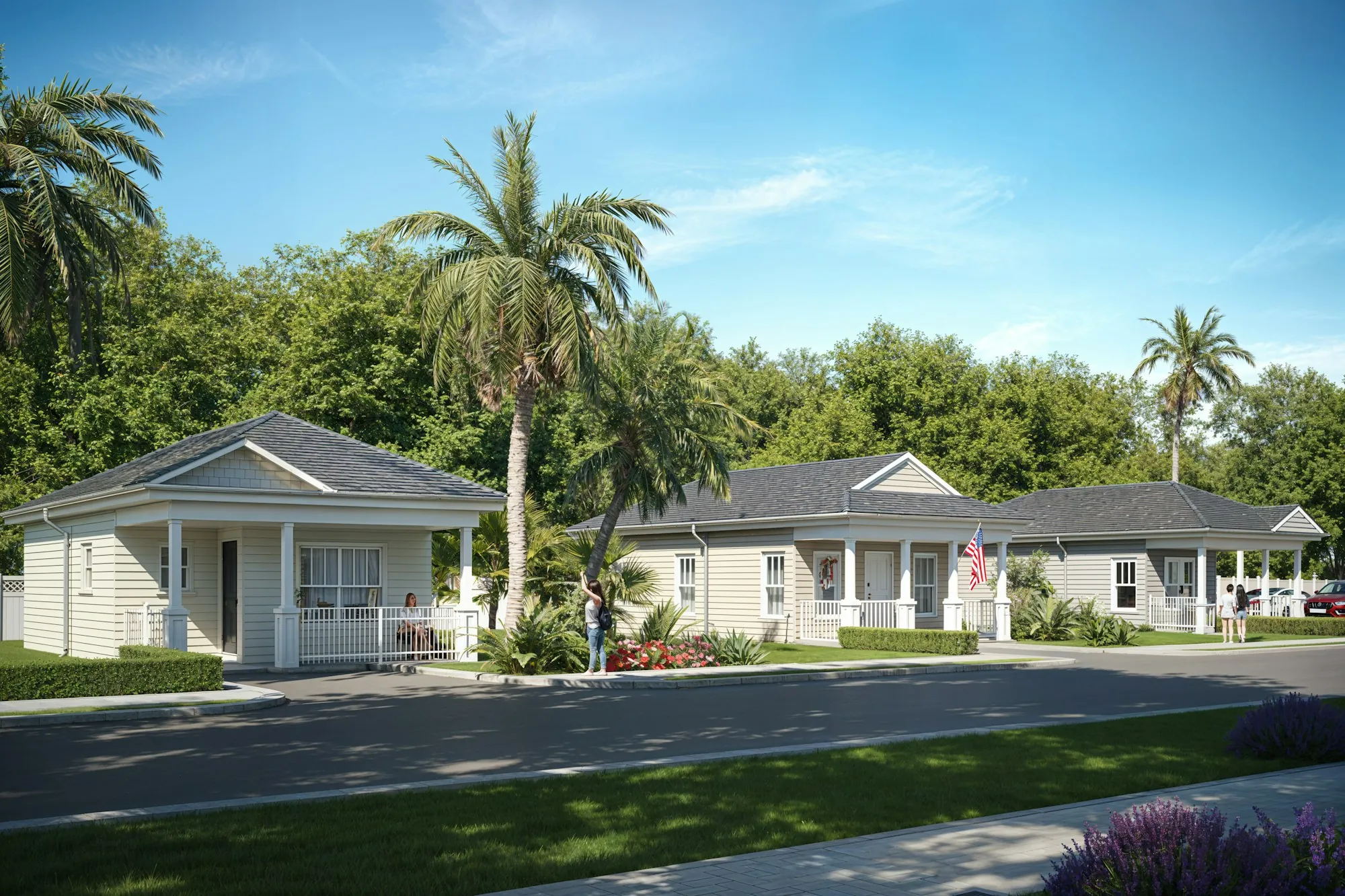 A row of houses beside a green open space