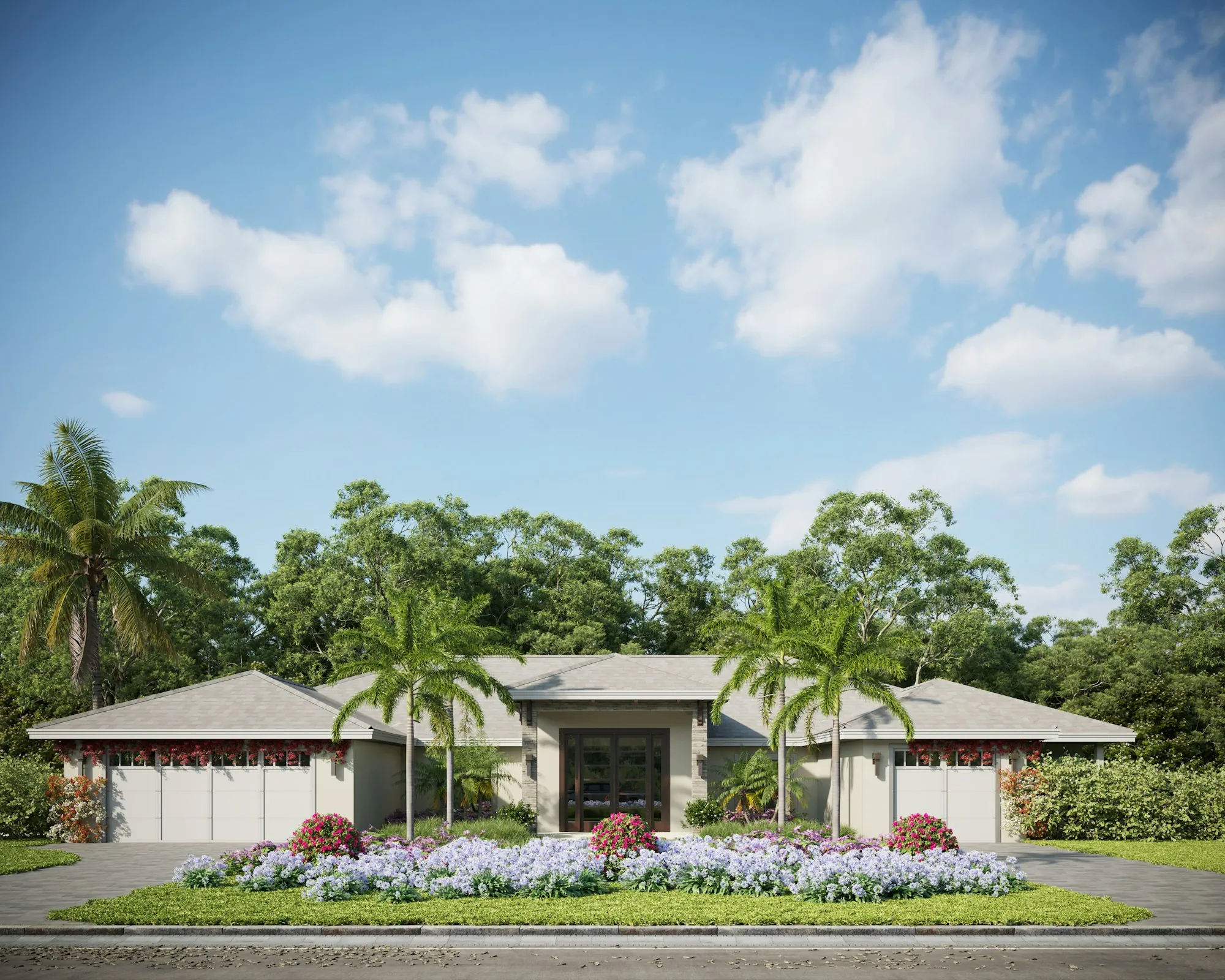 A single-storey house behind palms and flowering shrubs